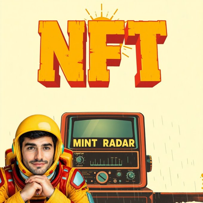 A colorful graphic illustration featuring the large yellow text 'NFT' above an astronaut character and a retro device labeled 'MINT RADAR'.