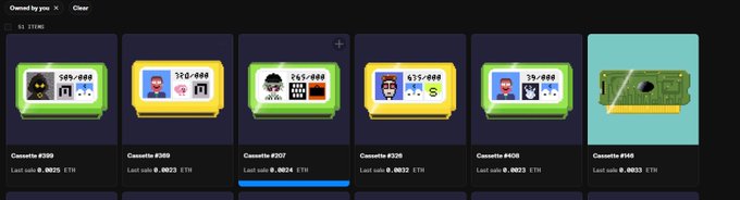 A marketplace interface showing six cartridge-style Game Boy NFTs listed for sale with prices ranging from 0.0019 ETH to 0.0024 ETH.
