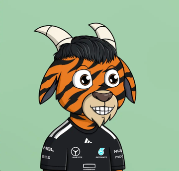 A cartoon goat character wearing a black Mercedes-AMG Petronas Formula 1 racing jacket against a green background.