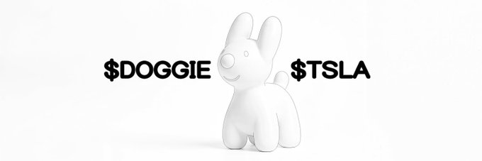 A white cartoon dog figurine sits centered between the text "$DOGGIE" on the left and "$TSLA" on the right, visually representing the meme's framing of $DOGGIE as the dog companion token to tokenized $TSLA.