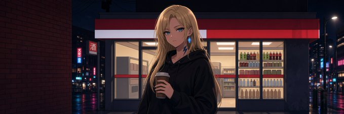 An anime-style blonde woman in a black hoodie holds a coffee cup outside a brightly lit convenience store at night, with neon signs and city lights reflecting on the wet pavement. The image conveys a quiet, contemplative urban atmosphere, visually echoing the post's theme of waiting and patience in creator platforms—suggesting a moment of pause while anticipating response times.