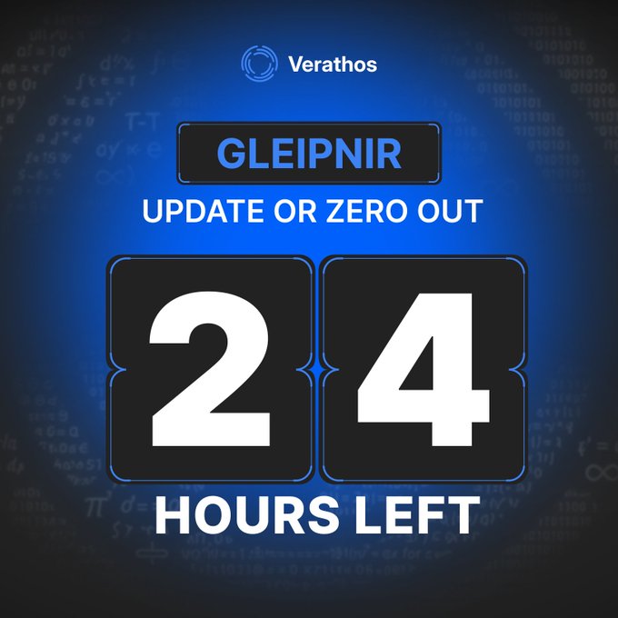 A Verathos countdown graphic showing 24 hours left for the Gleipnir 'Update or Zero Out' event, displayed on a flip-clock style interface against a dark blue background with faint mathematical equations.