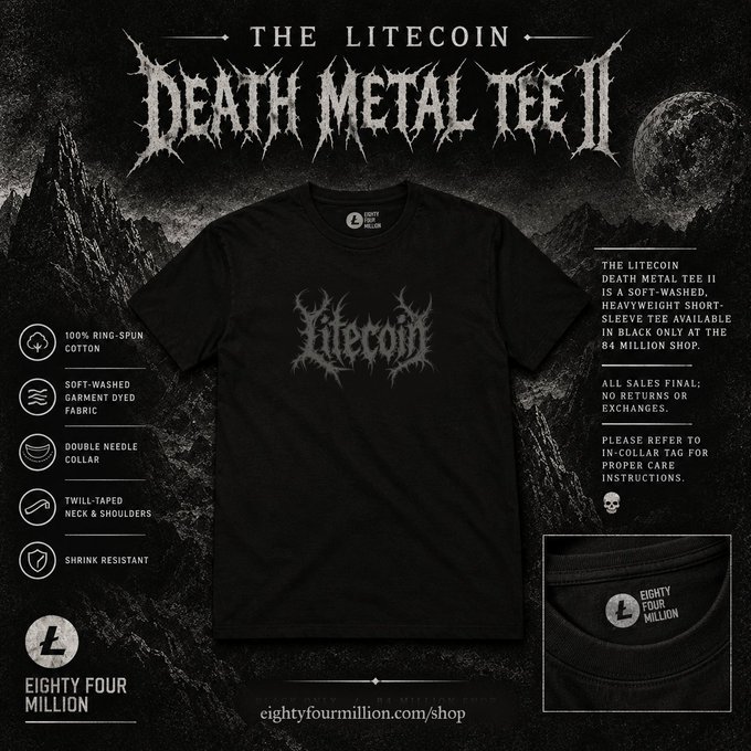 Advertisement for 'The Litecoin Death Metal Tee II', a black t-shirt with the Litecoin logo, available only in black at the 84 Million shop.