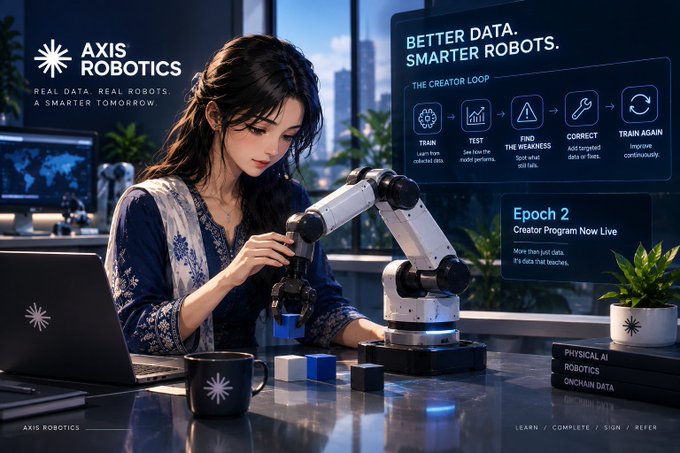 An advertisement for 'AXIS ROBOTICS' showing a woman working on a robotic arm, with text reading 'BETTER DATA. SMARTER ROBOTS.' and 'THE CREATOR LOOP' with steps like TRAIN, TEST, FIND THE WEAKNESS, CORRECT, TRAIN AGAIN.