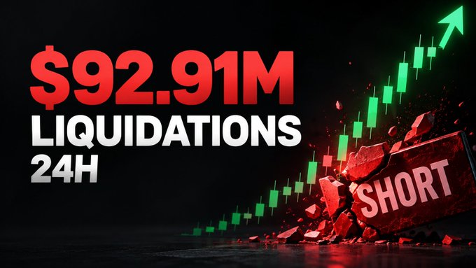 A financial graphic displaying '$92.91M LIQUIDATIONS 24H' with a green upward-trending candlestick chart and a shattered red block labeled 'SHORT' against a dark background.