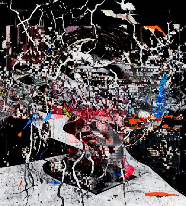 An abstract mixed-media artwork featuring a fragmented, glitch-style portrait overlaid with paint splatters, geometric patterns, and white crack-like veins on a dark background.