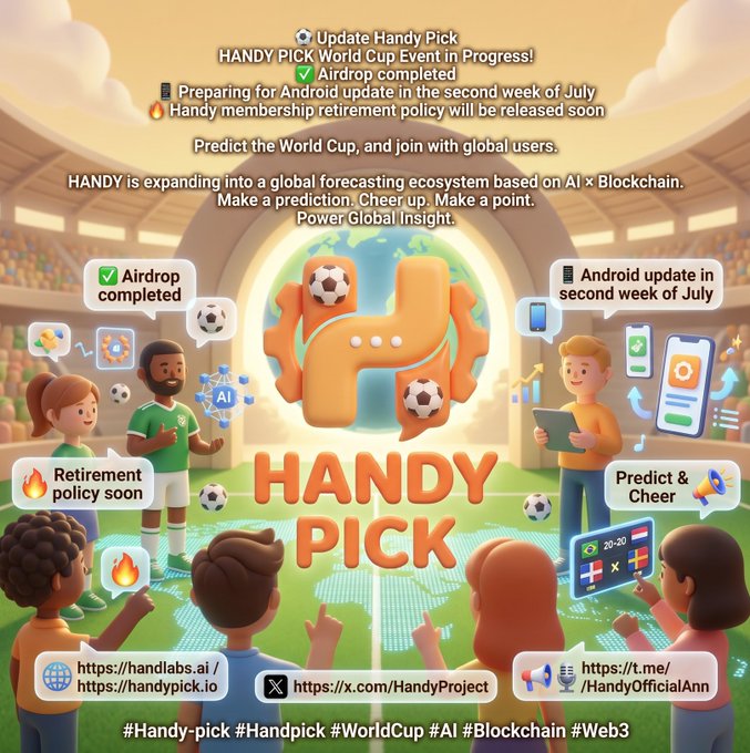 A vibrant promotional graphic for "HANDY PICK" features cartoon characters gathered around a soccer ball and globe, highlighting the World Cup Event, a completed Airdrop, an upcoming Android update in the second week of July, and a forthcoming retirement policy, with links to handlabs.ai, handypick.io, and social media handles (@HandyOfficialAnn, @HandyProject) reinforcing the message of building a global AI x Blockchain forecasting ecosystem.