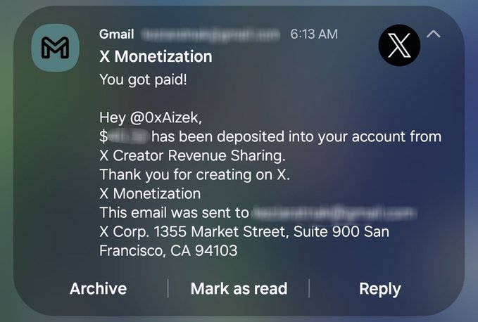 A notification from X Monetization congratulating user @0xAizek on receiving a payment from X Creator Revenue Sharing. The image illustrates the caption's sentiment, showing a one-time payment notification before the revenue sharing program ends.