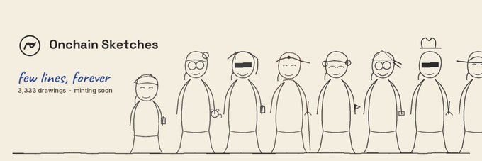 A promotional banner for "Onchain Sketches" featuring minimalist line-drawn characters with the tagline "Few lines, forever" and noting "3,333 drawings · minting soon," which serves as the visual backdrop for an NFT giveaway contest offering 7 GTD and 15 FCFS spots to enter.