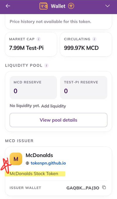 A screenshot of a Pi Wallet showing a McDonald's Stock Token (MCD) with a market cap of 7.99M Test-Pi and 999.97K MCD circulating, issued by tokenpn.github.io.