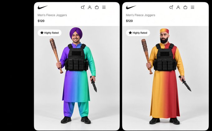 A satirical Nike product page mockup titled 'Men's Fleece Joggers $120' shows two models in rainbow-colored traditional attire holding weapons and wearing tactical vests.