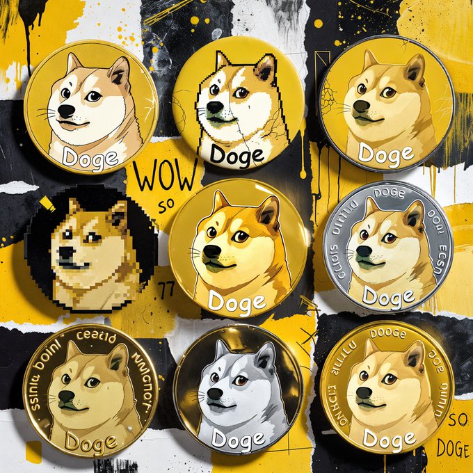 A collection of Dogecoin (Doge) themed coins and badges displayed against a yellow and black painted background, with text including 'WOW', 'Doge', and '77'.