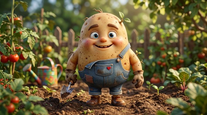 A 3D-rendered cartoon potato character with a cheerful face, wearing denim overalls and holding a small gardening trowel in a vegetable garden.