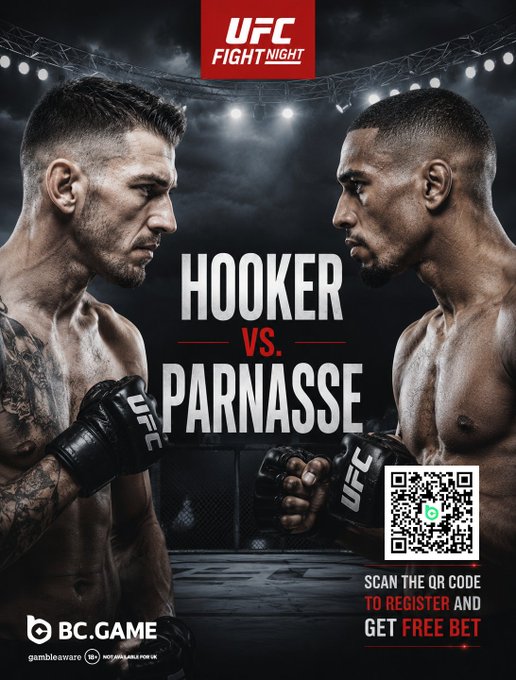 A UFC Fight Night promotional poster featuring a face-off between Dan Hooker and Arman Tsarukyan (labeled 'Parnasse') with a QR code to 'SCAN THE QR CODE TO REGISTER AND GET FREE BET' via BC.GAME.