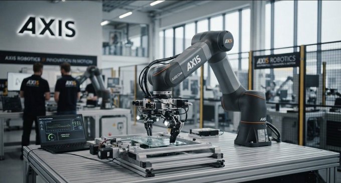 A robotic arm in an 'AXIS Robotics' facility with branding on the walls and a laptop displaying controls on a workbench.