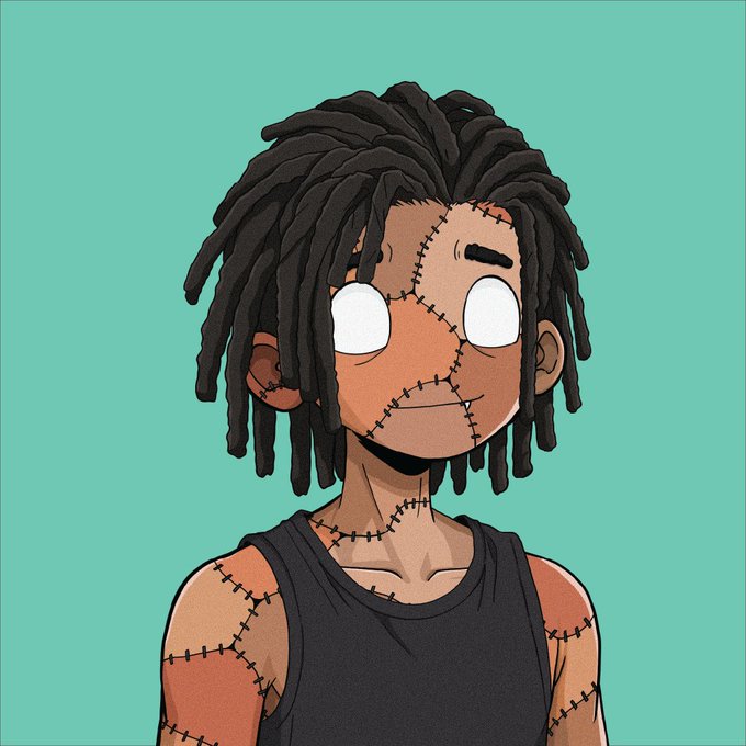A cartoon-style illustration of a character with dark dreadlocks, white eyes, and visible stitch marks across his face and arms, wearing a black tank top against a teal background.