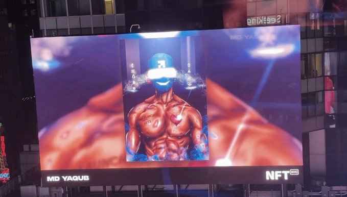 A large billboard displays a muscular 3D anatomical figure with a red heart, labeled 'MD YAQUB' and 'NFT PRO'.