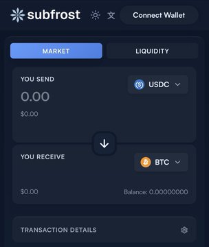 A Subfrost cryptocurrency exchange interface showing a swap from USDC to BTC with a 'Connect Wallet' button and market/liquidity tabs.