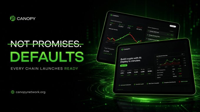 An advertisement for Canopy with the tagline "NOT PROMISES. DEFAULTS. EVERY CHAIN LAUNCHES READY" at canopynetwork.org, showing dashboard interfaces for crypto deployment.