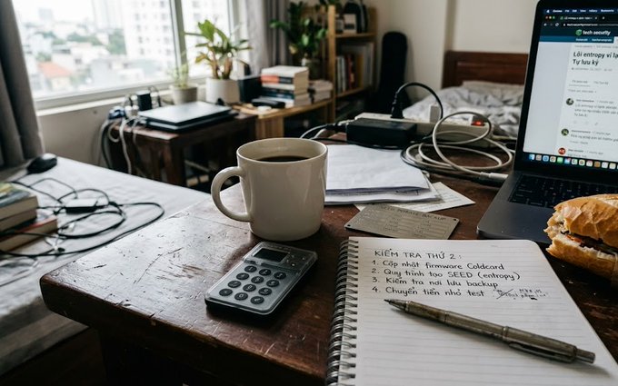 A study desk with a coffee mug, a calculator, a laptop, a partially eaten croissant, and a handwritten to-do list in Vietnamese headed 'KIỂM TRA THỨ 2' listing items like fixing firmware Codeard and creating a SEED backup.