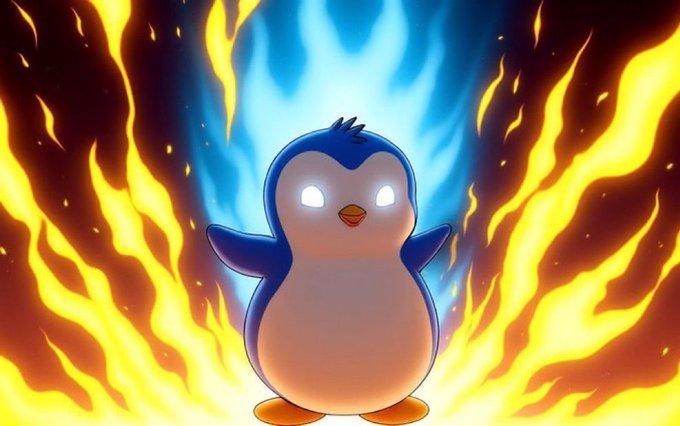 A cartoon penguin with glowing white eyes stands with arms outstretched in front of stylized yellow and orange flames.