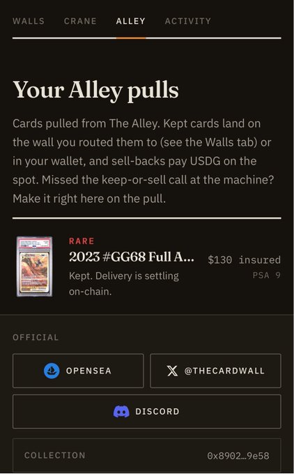 A mobile app screen titled 'Your Alley pulls' showing a rare 2023 #GG68 Full Art Pokémon card (Charizard) valued at $130 insured with PSA 9, along with official links to OpenSea, Discord, and a collection address.