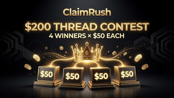 A promotional graphic for ClaimRush's "$200 Thread Contest" featuring four glowing gold pedestals displaying "$50" prizes beneath a royal crown, with text announcing "4 Winners × $50 Each" to match the contest's prize pool breakdown.