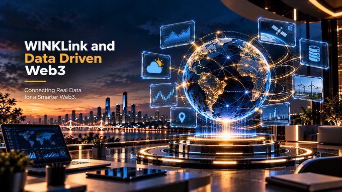 Promotional banner reading 'WINkLink and Data Driven Web3 - Connecting Real Data for a Smarter Web3' set against a futuristic city and digital globe background.