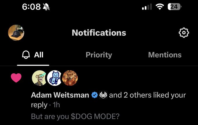 A Twitter notifications screen showing Adam Weitsman and 2 others liked a reply with the text 'But are you $DOG MODE?'.