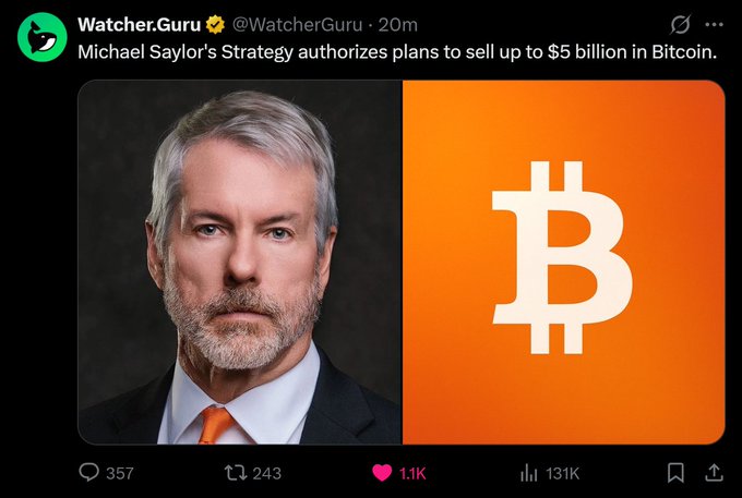 This image shows a split picture of Michael Saylor and the Bitcoin logo, with the text "Michael Saylor's Strategy authorizes plans to sell up to $5 billion in Bitcoin." This relates to the post's concern that such a sale could cause lower Bitcoin lows by triggering panic selling.