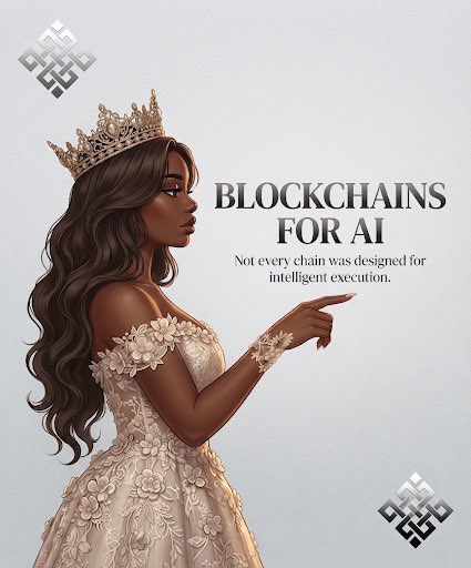 A regal woman in an elegant gown wearing a crown points to the text "BLOCKCHAINS FOR AI - Not every chain was designed for intelligent execution."

The image visually reinforces the post's message about blockchain limitations: just as the crowned "queen" symbolizes that current chains reign over traditional transaction-based workloads, her pointed gesture toward the tagline suggests that AI demands a fundamentally different execution model—one these legacy chains weren't designed to support.