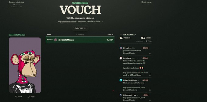 A webpage for 'commons VOUCH' displaying a pink cartoon monkey NFT avatar (@MontiMonio) alongside a points system and a feed of social interactions involving shloba tokens.