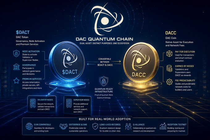 An infographic for 'Dac Quantum Chain' detailing its dual-asset system featuring $DACT (DAC Token) and DACC (DAC Coin), highlighting features like Node Activation, Governance, Premium Services, EVM Compatibility, and Enterprise & SME integration.