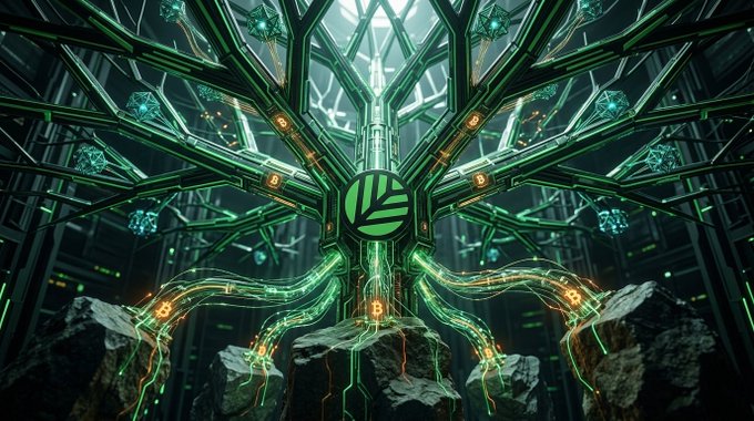 A futuristic digital artwork featuring a tree-like structure made of glowing green circuitry and metallic branches, with a central circular emblem and crystalline nodes connected by luminous cables to rocky bases.