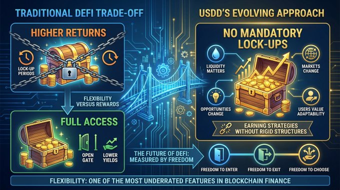 The image shows a colorful infographic about traditional DeFi trading approaches, specifically highlighting the trade-off between flexibility and rewards (loan-up periods with lock-ups). The infographic explains this concept using an illustration of a chest filled with gold coins, which represents flexible trading options. It suggests that there are opportunities to earn higher returns by choosing certain strategies within the framework of DeFi systems. In contrast, it warns against locking up assets and facing limitations on accessing them without payouts (lock-ups).