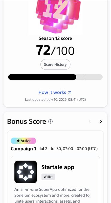 A mobile app interface showing a 'Season 12 score' of '72/100' and a 'Bonus Score' section for an 'Active' campaign featuring the 'Startale app' Wallet.