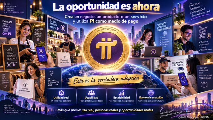 A Spanish-language promotional graphic for 'Pi Network' featuring the Pi coin logo in the center, surrounded by images of people and the headline 'La oportunidad es ahora' and 'Esta es la verdadera adopción'.