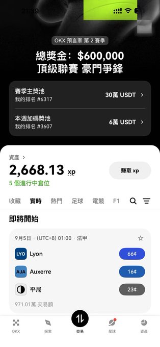 A sports betting app screenshot displaying a total prize pool of $600,000 USDT, including a $300,000 main pool and $60,000 weekly pool, alongside user XP (2,668.13) and an upcoming football match between Lyon and Auxerre.
