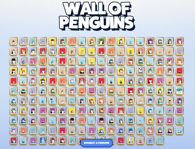 A 'WALL OF PENGUINS' NFT collection display page showing a grid of various colorful penguin profile pictures with a 'SUGGEST A PENGUIN' button at the bottom.