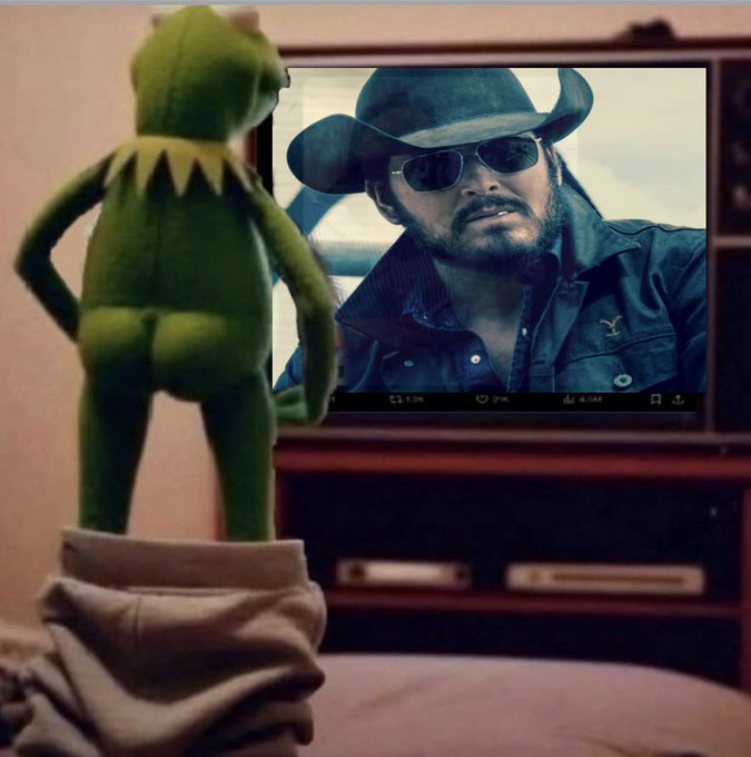 A Kermit the Frog plushie stands facing a TV screen displaying a man in a cowboy hat and sunglasses, possibly Hank Williams Jr., with '4.5M' and '9K' visible as viewer/like counts.