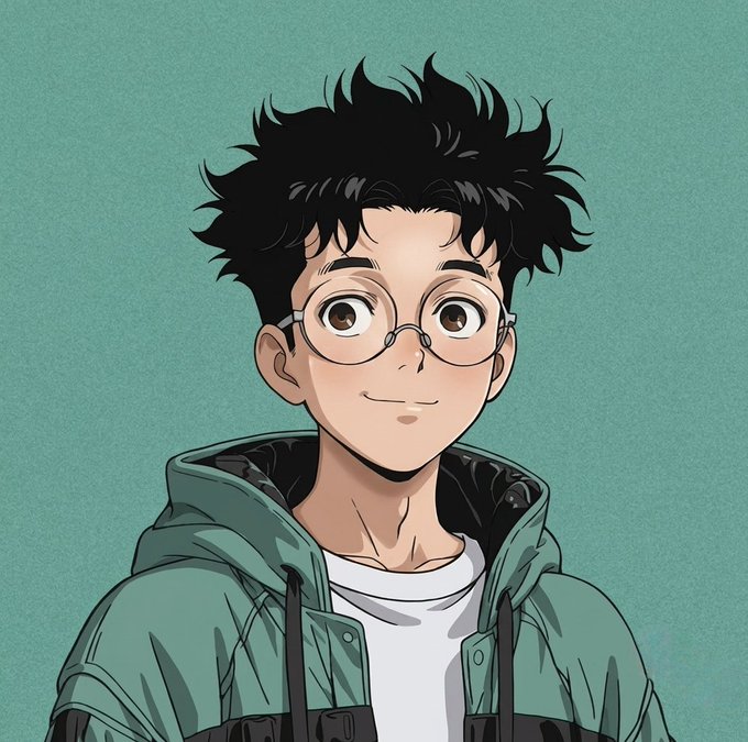 An anime-style digital illustration of a young man with messy black hair, round glasses, and a slight smile, wearing a teal hoodie over a white shirt.