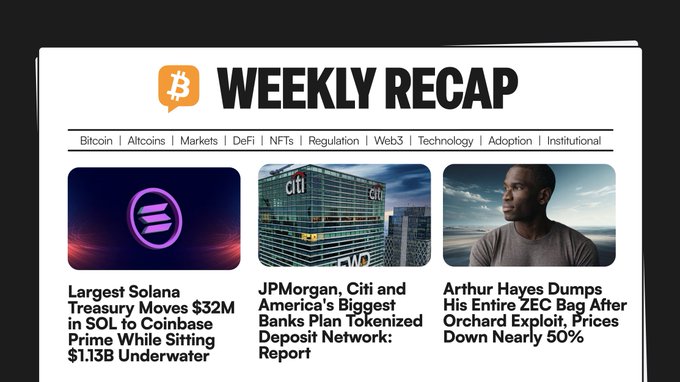 The image features a news page with various headlines written above different sections of text. The main headline reads "Weekly Recap" at the top, which indicates that this is an article providing updates on events or happenings from recent days or weeks. Below these headlines, there are three different articles discussing topics such as Bitcoin transactions, bank mergers, and financial news.

The first article, titled "Bitcoin moved $32M in $SOL," explains the Bitcoin price movement recently made by a specific person. The second article talks about the largest Salina bank merge, which has happened over several months due to financial difficulties. The third article focuses on the impact of Bitcoin transactions and mergers on banks and the economy as a whole.

The layout of the image suggests that it is a news page with each section of text placed below an arrow pointing towards its corresponding headline. These texts provide information about Bitcoin, bank mergers, and financial news relevant to what's happening in the world of cryptocurrencies.