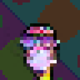 A heavily pixelated digital portrait of a figure with purple and pink tones against a dark background.