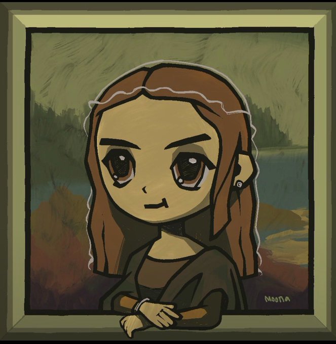 A cartoon-style digital portrait depicts a girl with large brown eyes and long brown hair, artistically rendered to mimic a Van Gogh painting (reminiscent of the Mona Lisa), signed "Moona" in the corner. The artwork represents an early NFT find by @moona_lisas on the Robinhood blockchain chain, with mint price and supply yet to be announced.