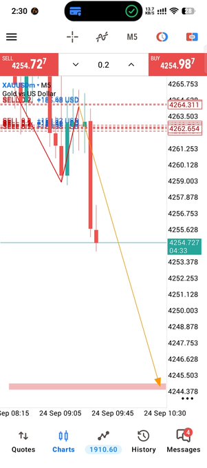 A smartphone screenshot showing a gold trading chart on the M5 timeframe with XAU/USD currently at 4254.72, displaying a sharp downward trend on September 24.