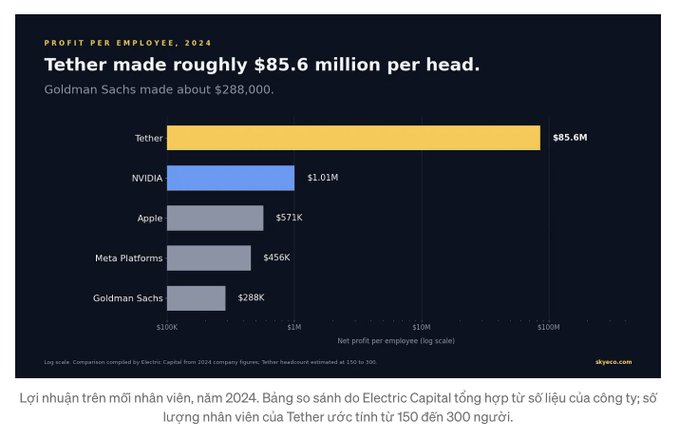 A bar chart titled 'Profit Per Employee, 2024' comparing Tether ($85.6M), NVIDIA ($1.01M), Apple ($571K), Meta Platforms ($456K), and Goldman Sachs ($288K), with Vietnamese caption noting Tether's staff estimated between 150-300 people.
