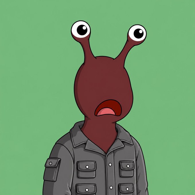 A cartoon snail-like creature with bulging eyes on stalks and an open mouth, wearing a gray utility jacket against a green background, is used to illustrate an NFT giveaway announcement for the @anomaliesoneth collection featuring 25 GTD (guaranteed) and 35 FCFS (first-come, first-served) spots, with follow, like, and EVM address submission requirements.