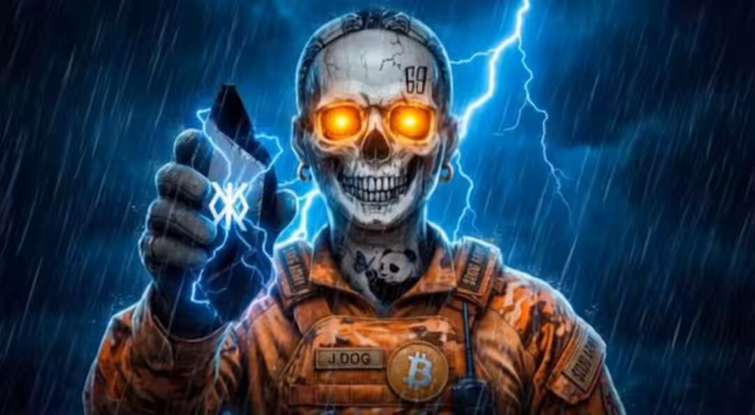 The image features a man dressed as a robot, wearing an orange jumpsuit with the number "99" on his chest. He has a skull mask over his eyes and a lightning bolt tattoo on his arm. The background of the image shows a dark blue sky filled with raindrops falling from it. There is also text in the image that reads "I bought another Runestoneᛤ".