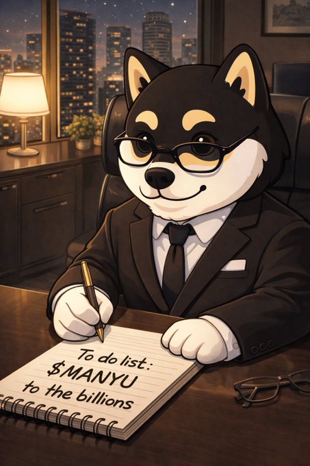 ikebana-style black and white illustration of a Shiba Inu dog wearing glasses, holding a pen over a notebook with the text "To do list: $MANYU to the billions"