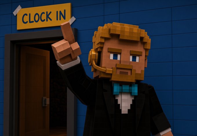 A 3D block-style animation of a man with a beard and headset pointing upward next to a doorway with a yellow 'CLOCK IN' sign above it.